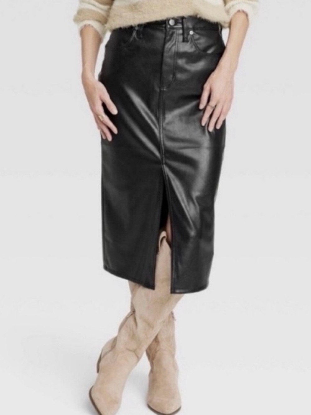 Universal Thread Faux Leather Midi Pencil Skirt with Front Slit